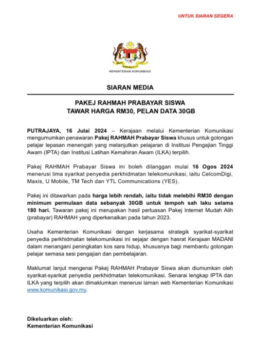 Bantuan Rahmah : Internet RM30 Prepaid 30gb/180 Hari